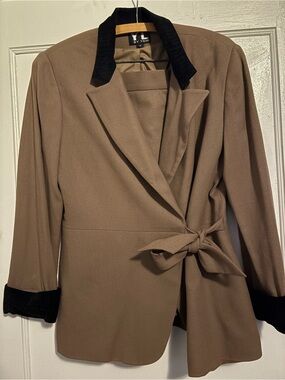 YL by Yair Taupe Wrap Blazer with Black Velvet Trim